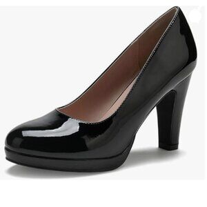 Miss Left Black Low Platform Chunky High Heels Slip On Round Toe Pump